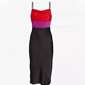 EXPRESS Satin Color Block‎ Black Purple Tier Cowl Neck Y2k Midi Slip Dress